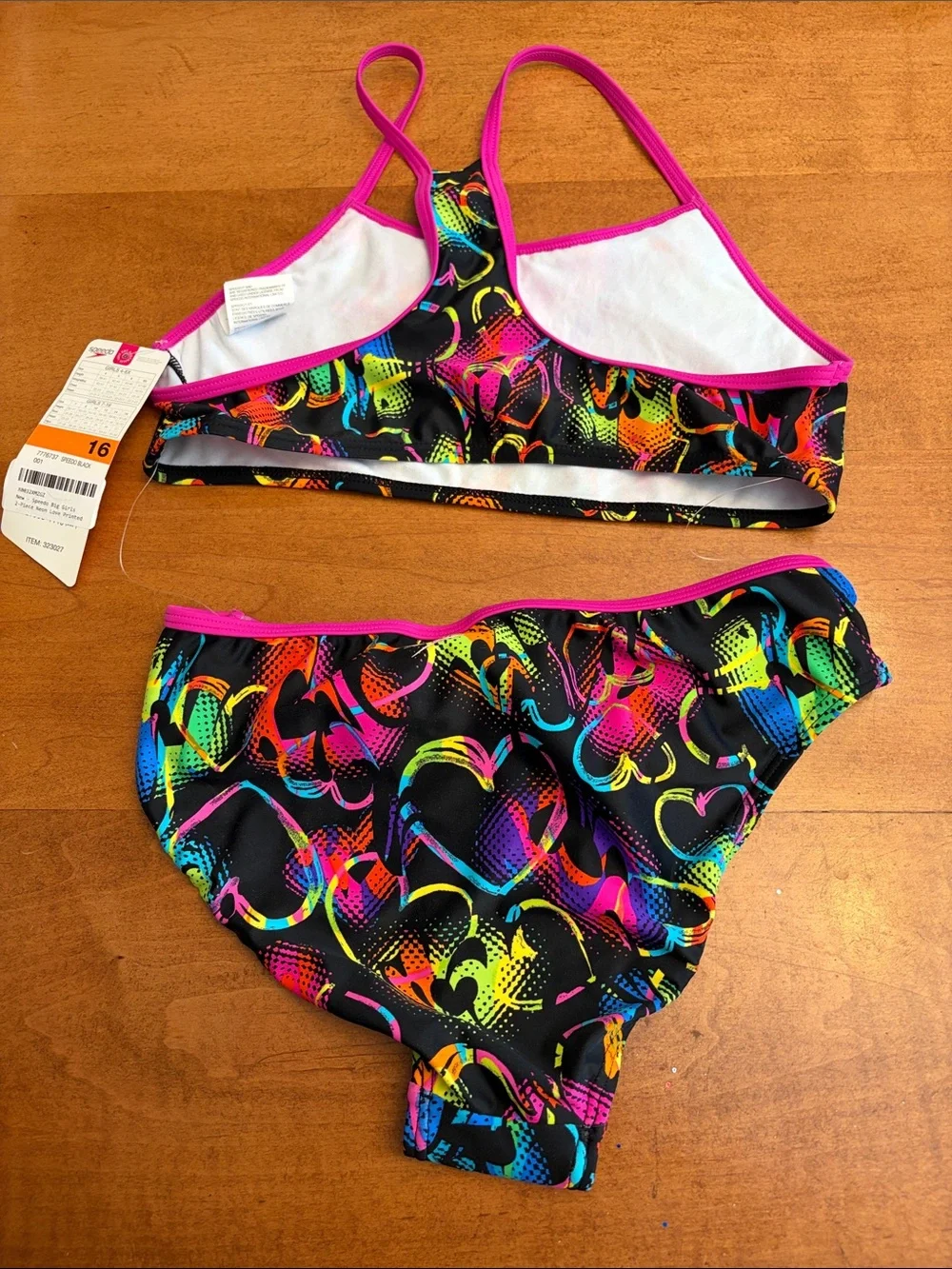 Speedo Black Neon Heart Love Print Two-Piece Bikini with Pink Trim Size:  16